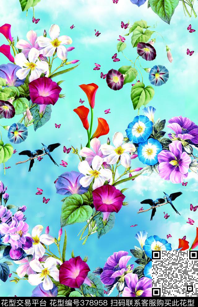 韩风花鸟云数码印花数码印花华亿平台下载（图片编号: 378958） - 瓦栏（Walan）