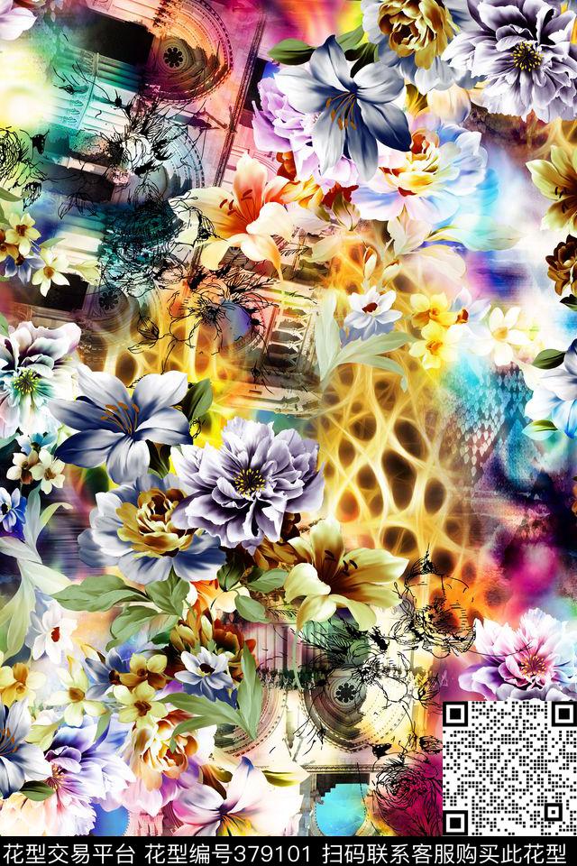 花卉欧式建筑豹纹数码印花华亿平台下载（图片编号: 379101） - 瓦栏（Walan）