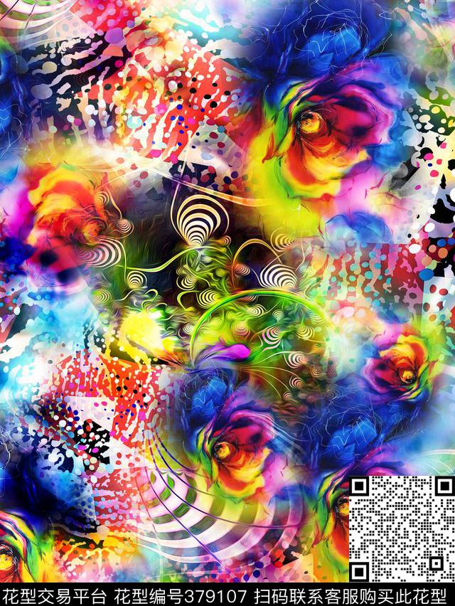抽象花卉圆点漩涡数码印花华亿平台下载（图片编号: 379107） - 瓦栏（Walan）
