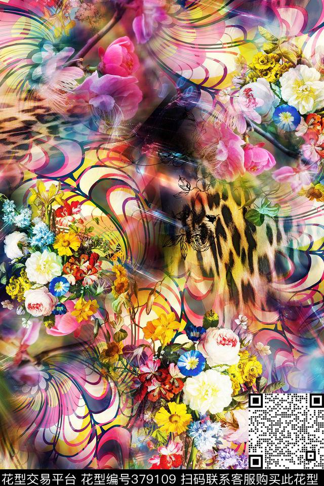 花卉几何豹纹数码印花华亿平台下载（图片编号: 379109） - 瓦栏（Walan）
