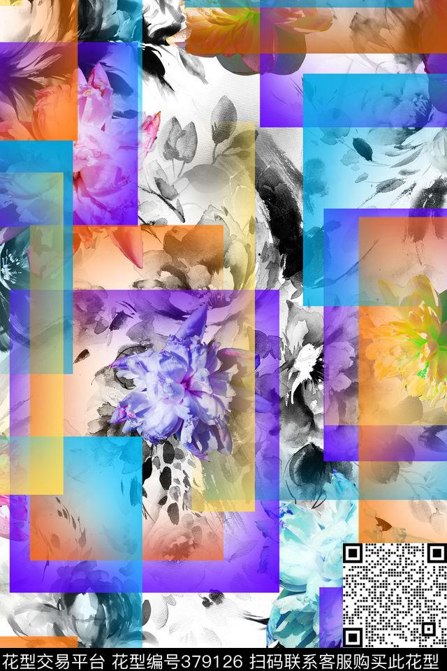 花卉格子水墨数码印花华亿平台下载（图片编号: 379126） - 瓦栏（Walan）