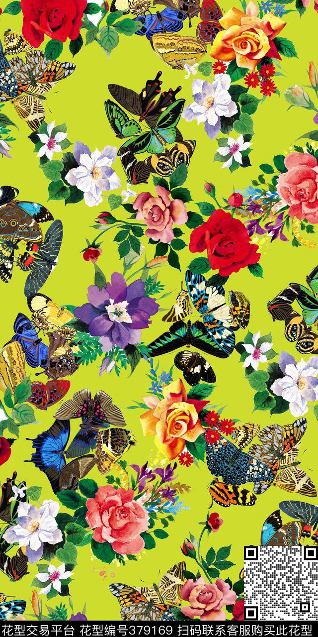 花卉玫瑰花蝴蝶数码印花华亿平台下载（图片编号: 379169） - 瓦栏（Walan）
