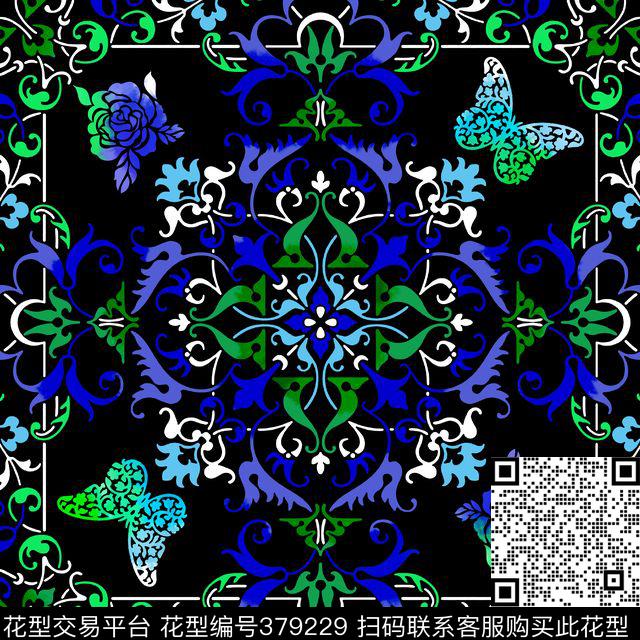 蝴蝶玫瑰花欧式花纹传统印花华亿平台下载（图片编号: 379229） - 瓦栏（Walan）