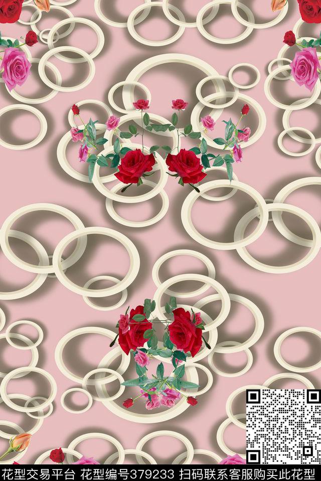 玫瑰五连环立体圆形数码印花华亿平台下载（图片编号: 379233） - 瓦栏（Walan）