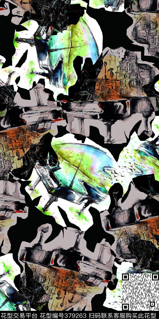 时尚手绘乐器照片拼接数码印花华亿平台下载（图片编号: 379263） - 瓦栏（Walan）