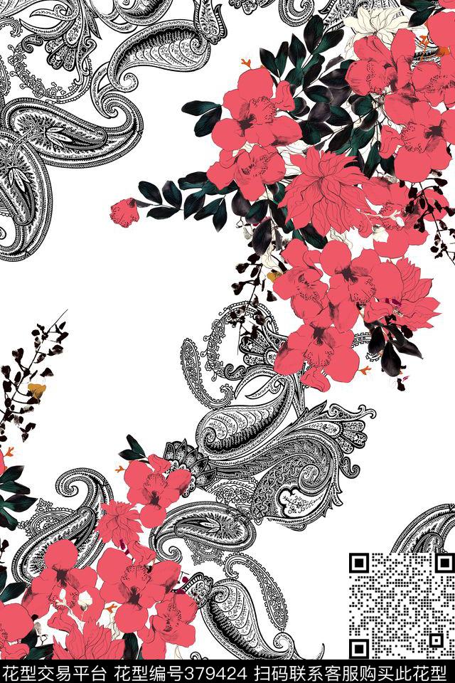 黑白腰果红花民族风白底数码印花华亿平台下载（图片编号: 379424） - 瓦栏（Walan）