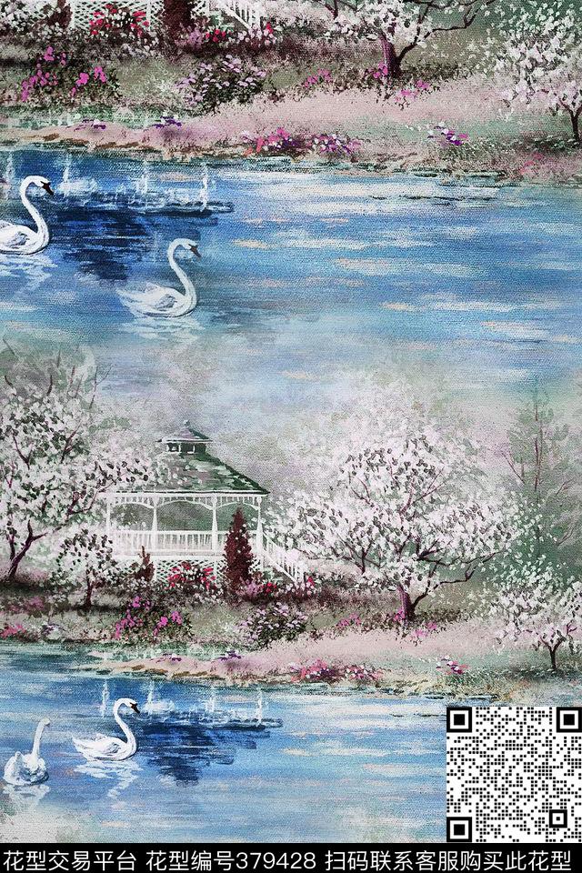 油画风景天鹅数码印花华亿平台下载（图片编号: 379428） - 瓦栏（Walan）