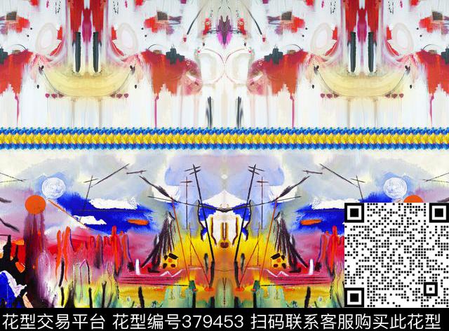 笔触色块抽象清新数码印花华亿平台下载（图片编号: 379453） - 瓦栏（Walan）