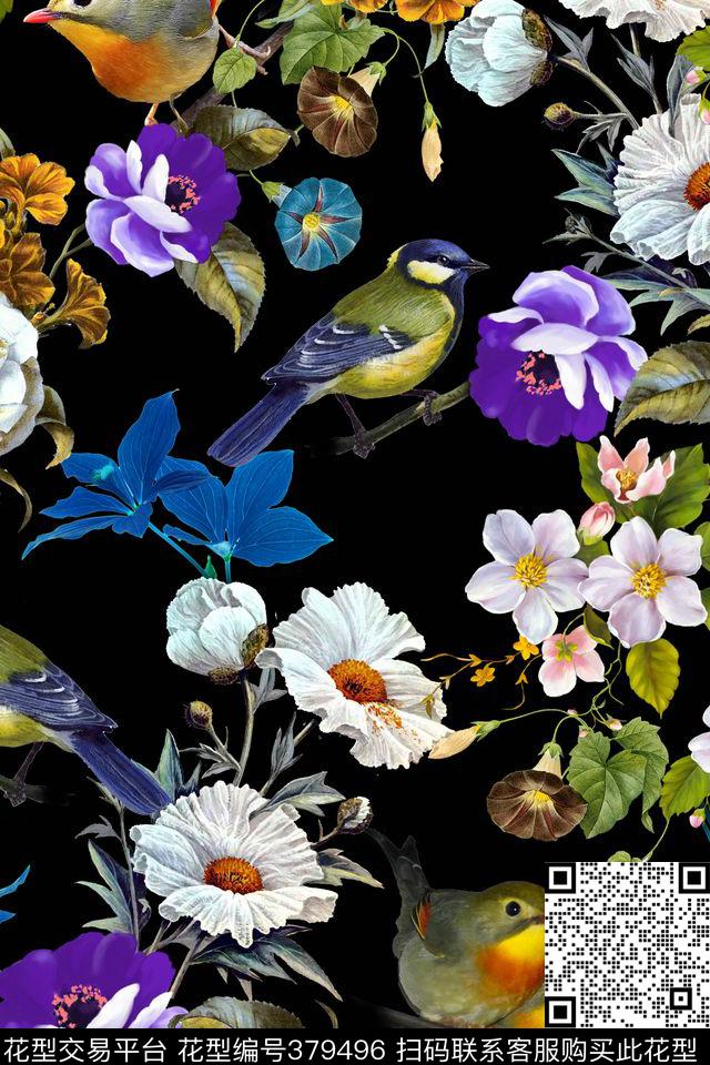 优雅花卉鸟类数码印花华亿平台下载（图片编号: 379496） - 瓦栏（Walan）