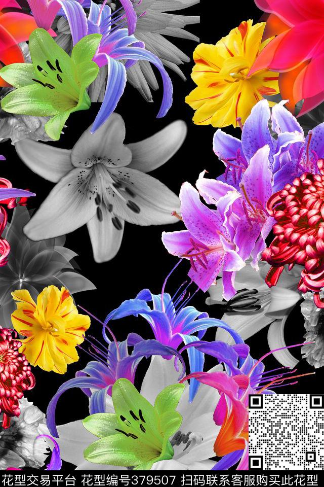 连衣裙花卉百合数码印花华亿平台下载（图片编号: 379507） - 瓦栏（Walan）