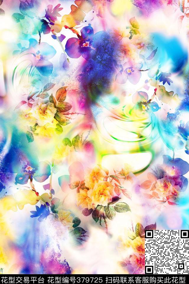 花卉云纹水墨数码印花华亿平台下载（图片编号: 379725） - 瓦栏（Walan）