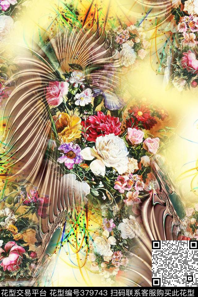 花卉羽毛炫彩数码印花华亿平台下载（图片编号: 379743） - 瓦栏（Walan）