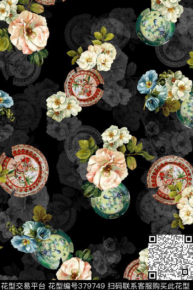 欧式花朵圆盘图案黑底数码印花华亿平台下载（图片编号: 379749） - 瓦栏（Walan）