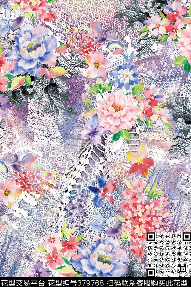 花卉水彩针织数码印花华亿平台下载（图片编号: 379768） - 瓦栏（Walan）