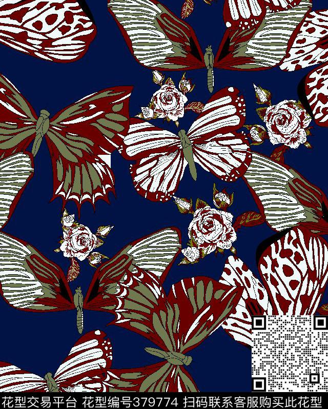 时尚蝴蝶玫瑰传统印花华亿平台下载（图片编号: 379774） - 瓦栏（Walan）