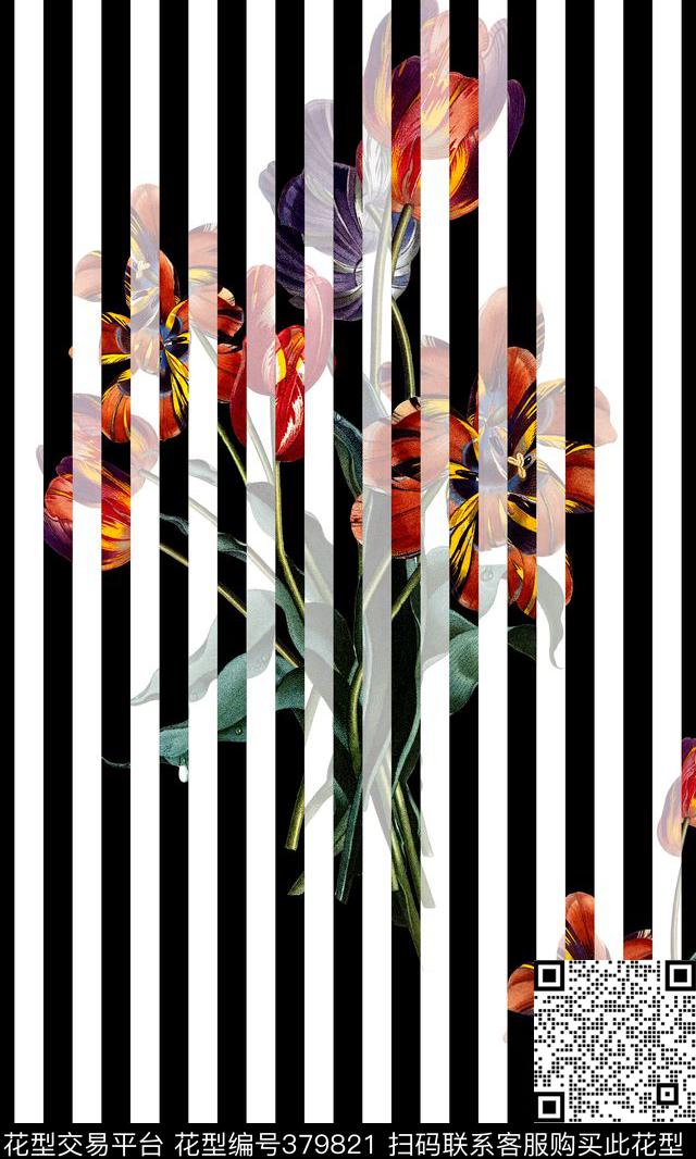 黑白线条手绘花朵时尚简约数码印花华亿平台下载（图片编号: 379821） - 瓦栏（Walan）