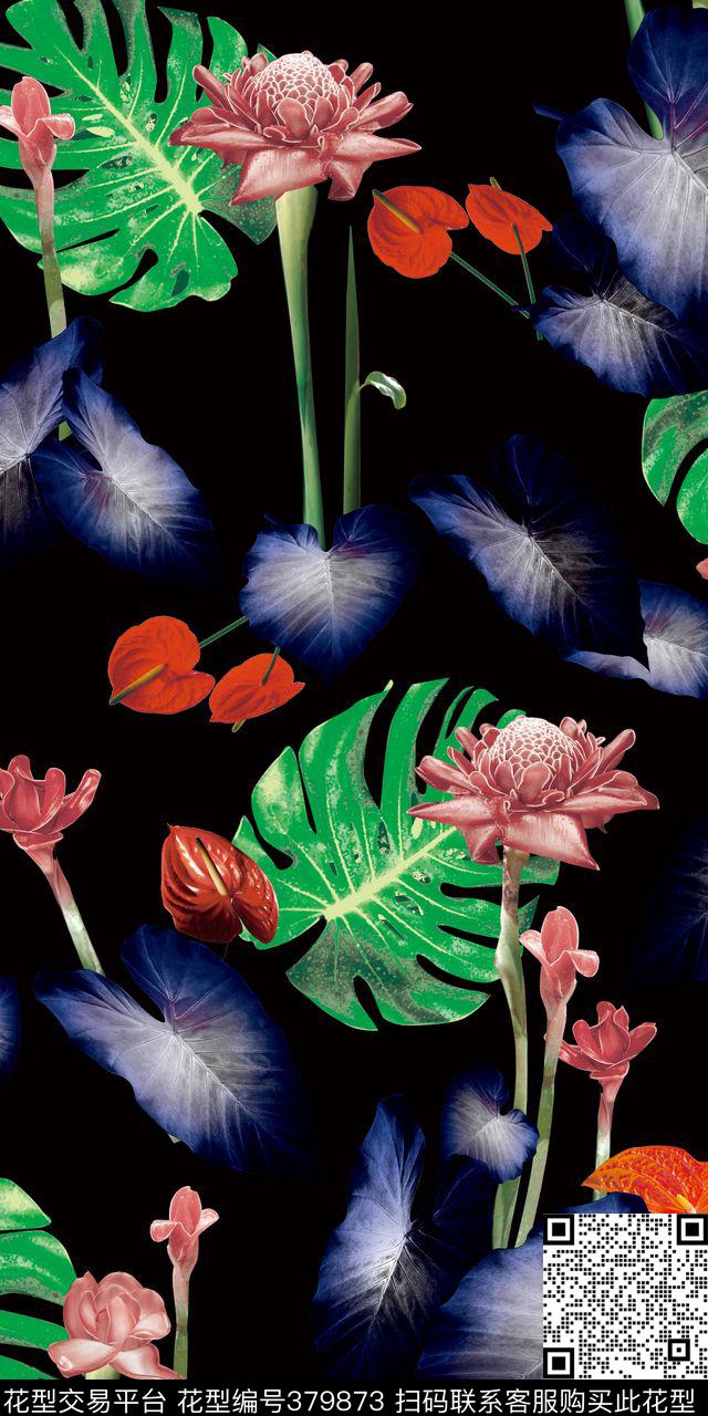 数码印花花卉叶子热带花卉数码印花华亿平台下载（图片编号: 379873） - 瓦栏（Walan）