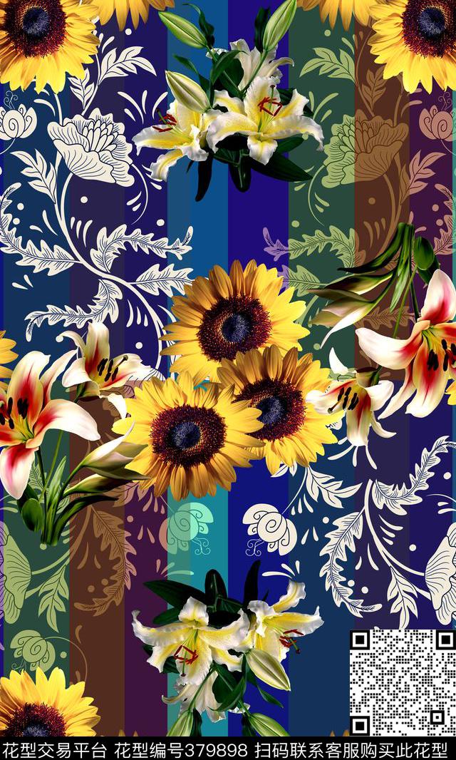 条纹向日葵时尚数码印花华亿平台下载（图片编号: 379898） - 瓦栏（Walan）