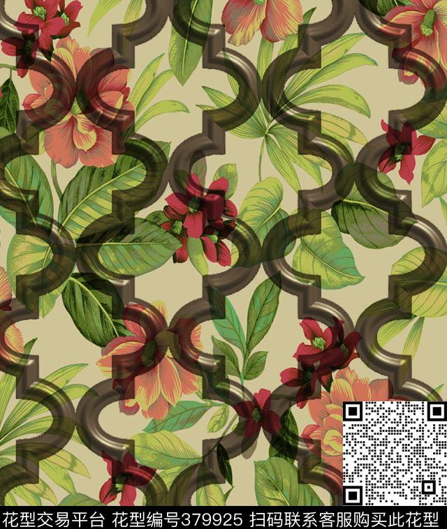 热带叶子几何数码印花华亿平台下载（图片编号: 379925） - 瓦栏（Walan）