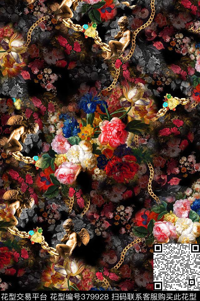 油画天使链条油画花数码印花华亿平台下载（图片编号: 379928） - 瓦栏（Walan）