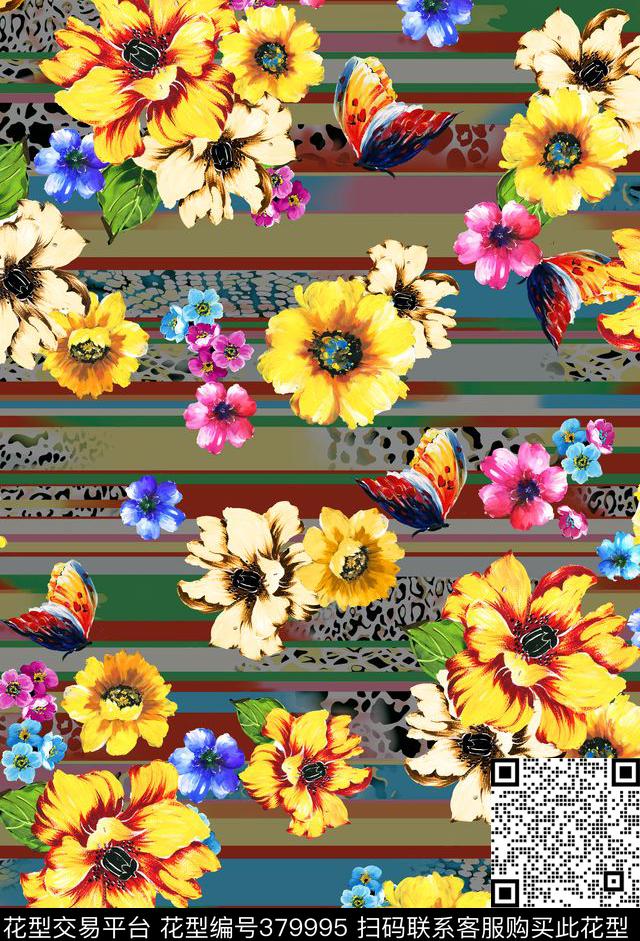花贲彩条波点格子花数码印花华亿平台下载（图片编号: 379995） - 瓦栏（Walan）