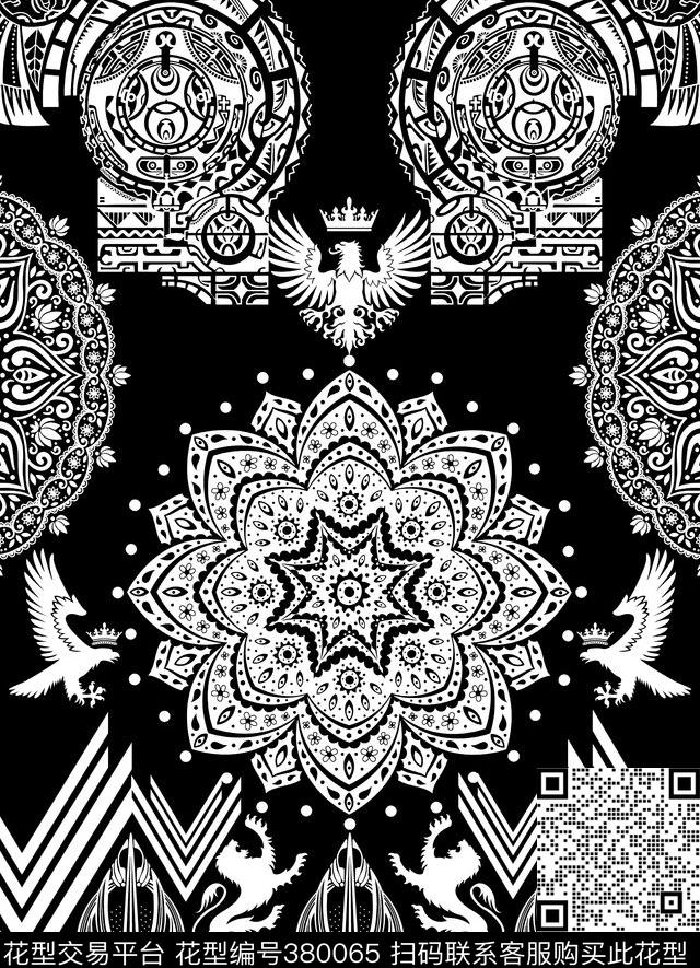 民族风古典图腾黑白色调传统印花华亿平台下载（图片编号: 380065） - 瓦栏（Walan）