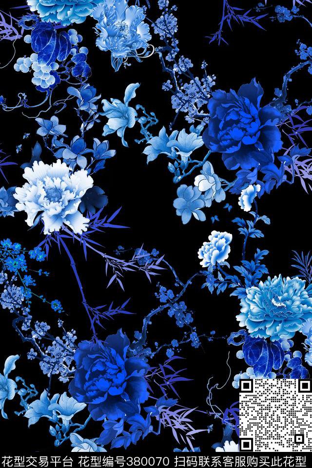 中国风青花瓷牡丹数码印花华亿平台下载（图片编号: 380070） - 瓦栏（Walan）
