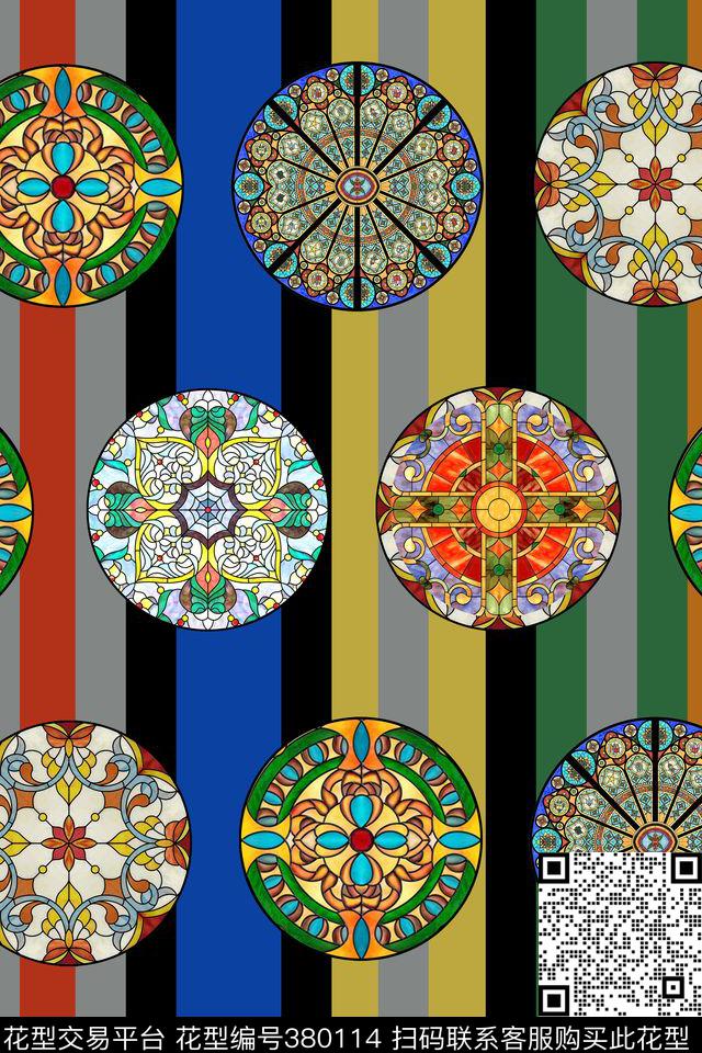 条纹民族圆盘图案几何花纹数码印花华亿平台下载（图片编号: 380114） - 瓦栏（Walan）