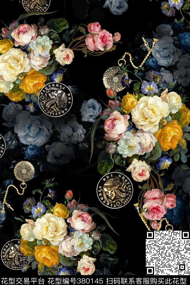复古金币花卉数码印花华亿平台下载（图片编号: 380145） - 瓦栏（Walan）
