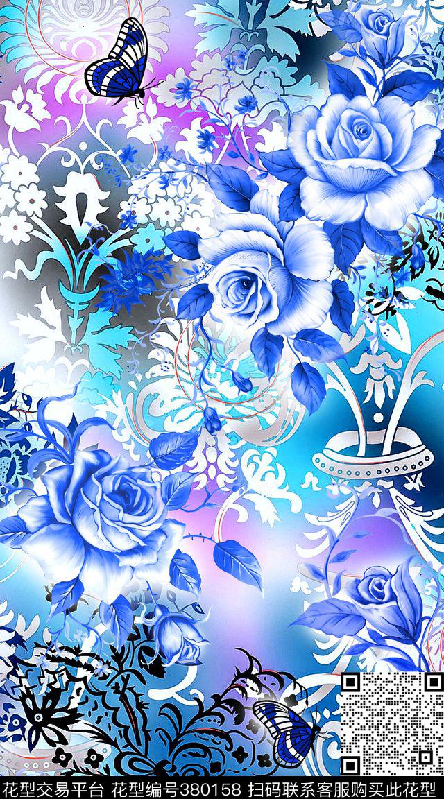 中国风青花瓷花卉数码印花华亿平台下载（图片编号: 380158） - 瓦栏（Walan）