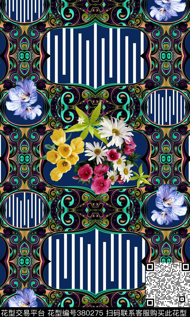 花朵几何纹样条纹数码印花华亿平台下载（图片编号: 380275） - 瓦栏（Walan）