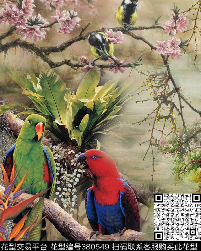 热带树枝花卉小鸟数码印花华亿平台下载（图片编号: 380549） - 瓦栏（Walan）