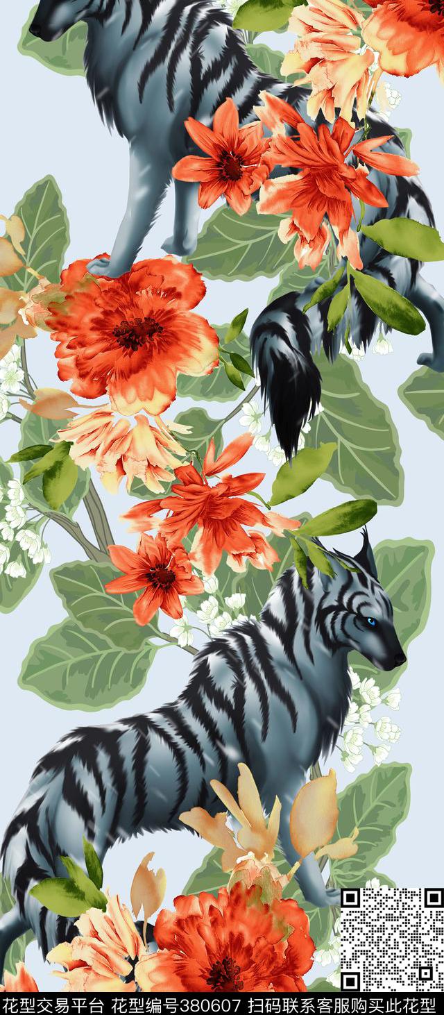 花卉雪狼动物动物纹数码印花华亿平台下载（图片编号: 380607） - 瓦栏（Walan）