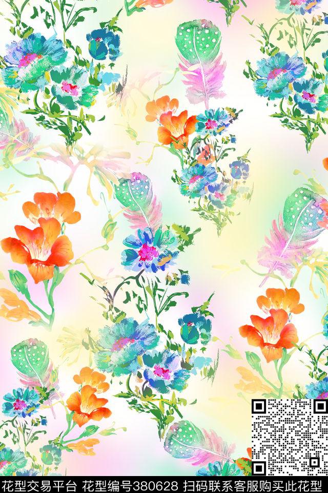 清新喇叭花羽毛朦胧水彩碎花花卉数码印花华亿平台下载（图片编号: 380628） - 瓦栏（Walan）