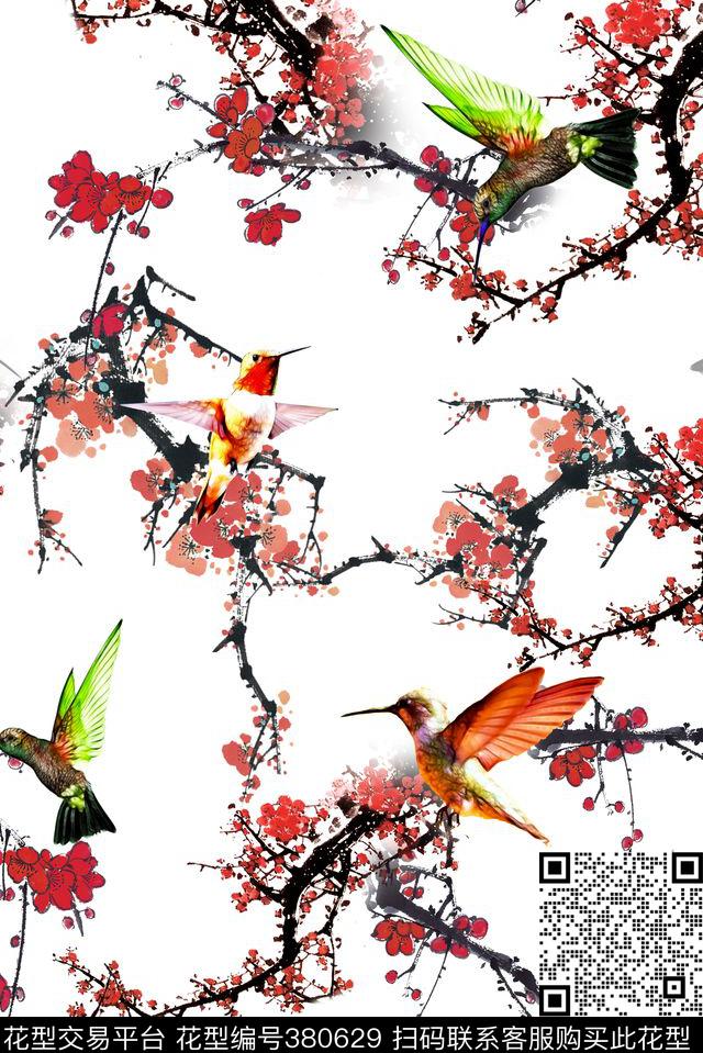 中国风水墨梅花小鸟蜂鸟花卉数码印花华亿平台下载（图片编号: 380629） - 瓦栏（Walan）