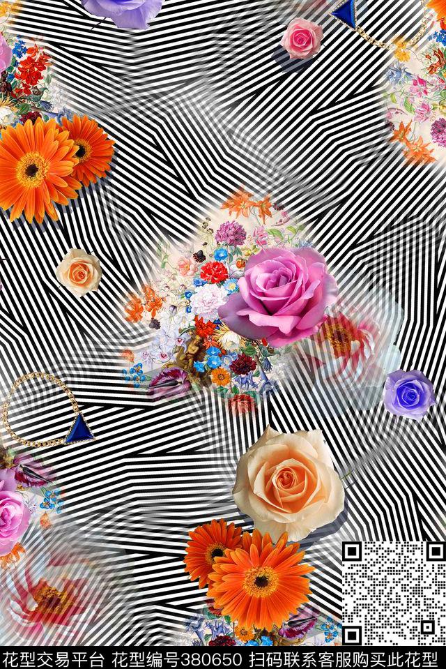花卉组合条纹数码印花华亿平台下载（图片编号: 380650） - 瓦栏（Walan）