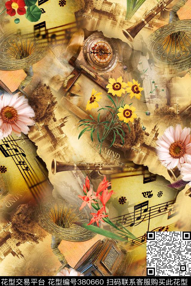 复古花卉音乐数码印花华亿平台下载（图片编号: 380660） - 瓦栏（Walan）
