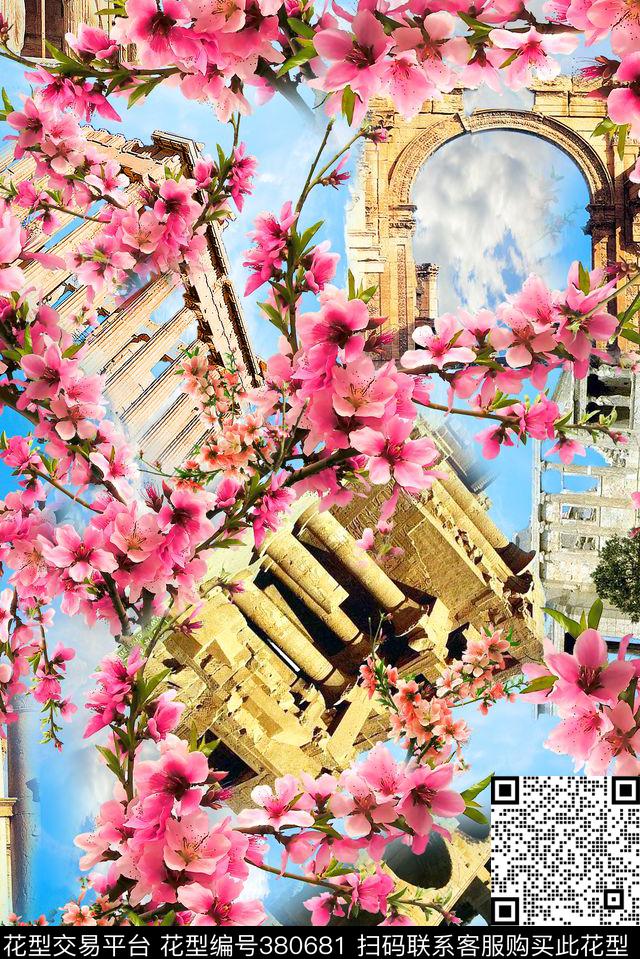花卉建筑春夏数码印花华亿平台下载（图片编号: 380681） - 瓦栏（Walan）