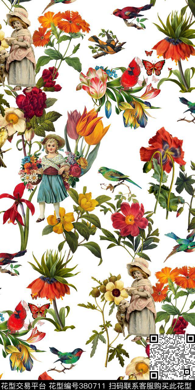 田园风花卉植物牧羊姑娘数码印花华亿平台下载（图片编号: 380711） - 瓦栏（Walan）