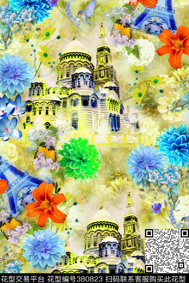 休闲风埃菲尔铁塔花卉数码印花华亿平台下载（图片编号: 380823） - 瓦栏（Walan）