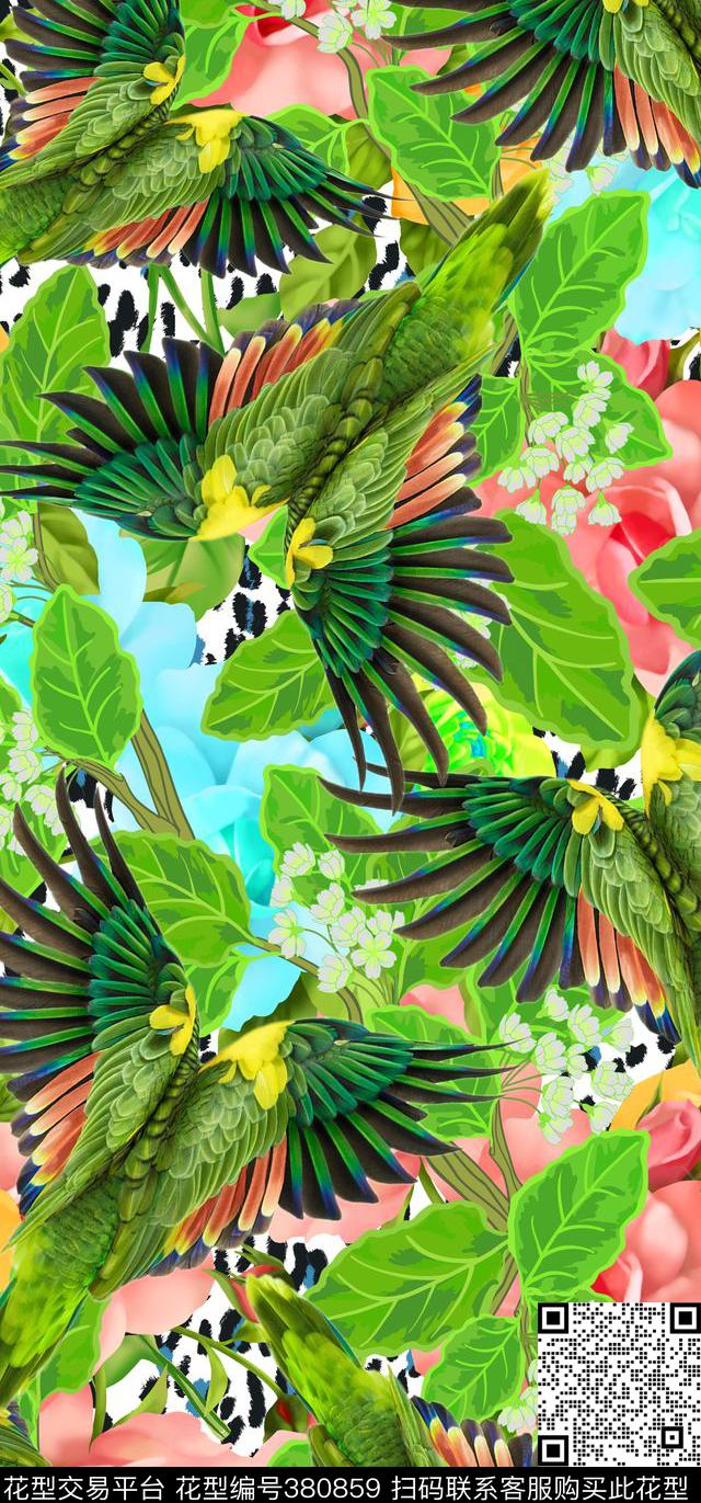 鹦鹉花卉动物动物纹数码印花华亿平台下载（图片编号: 380859） - 瓦栏（Walan）