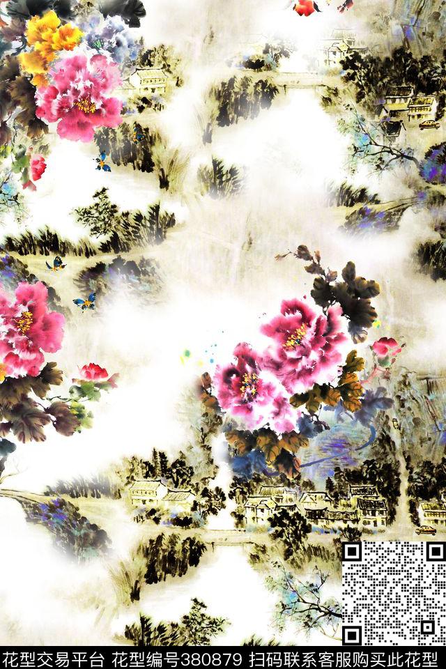 花卉中国画水墨数码印花华亿平台下载（图片编号: 380879） - 瓦栏（Walan）