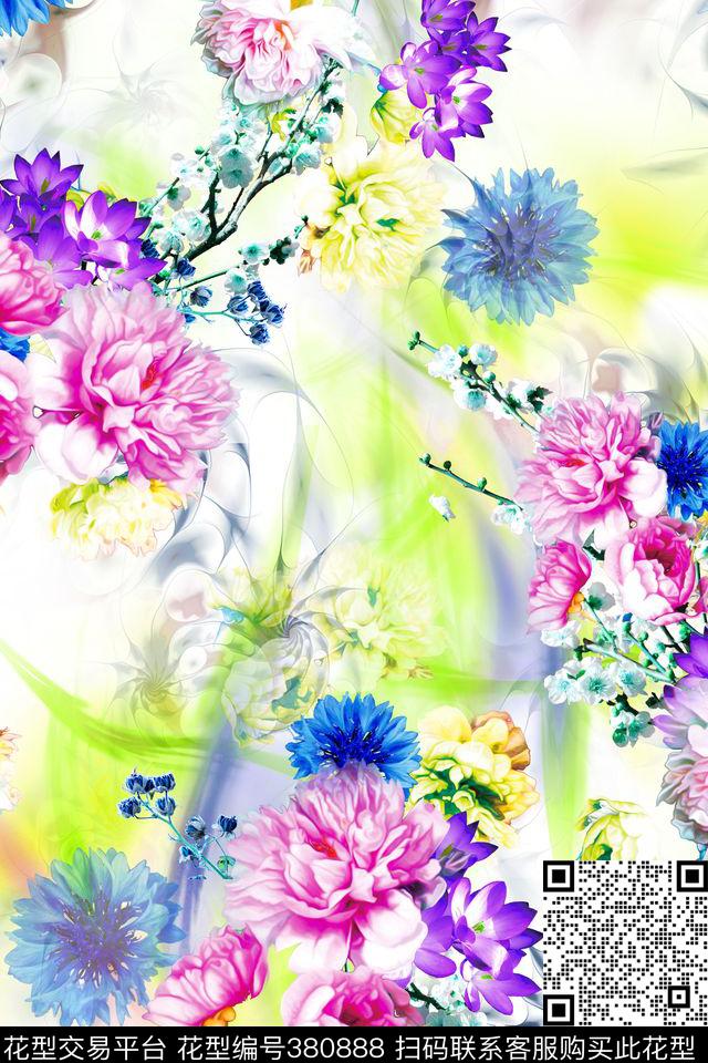 花卉云纹几何数码印花华亿平台下载（图片编号: 380888） - 瓦栏（Walan）