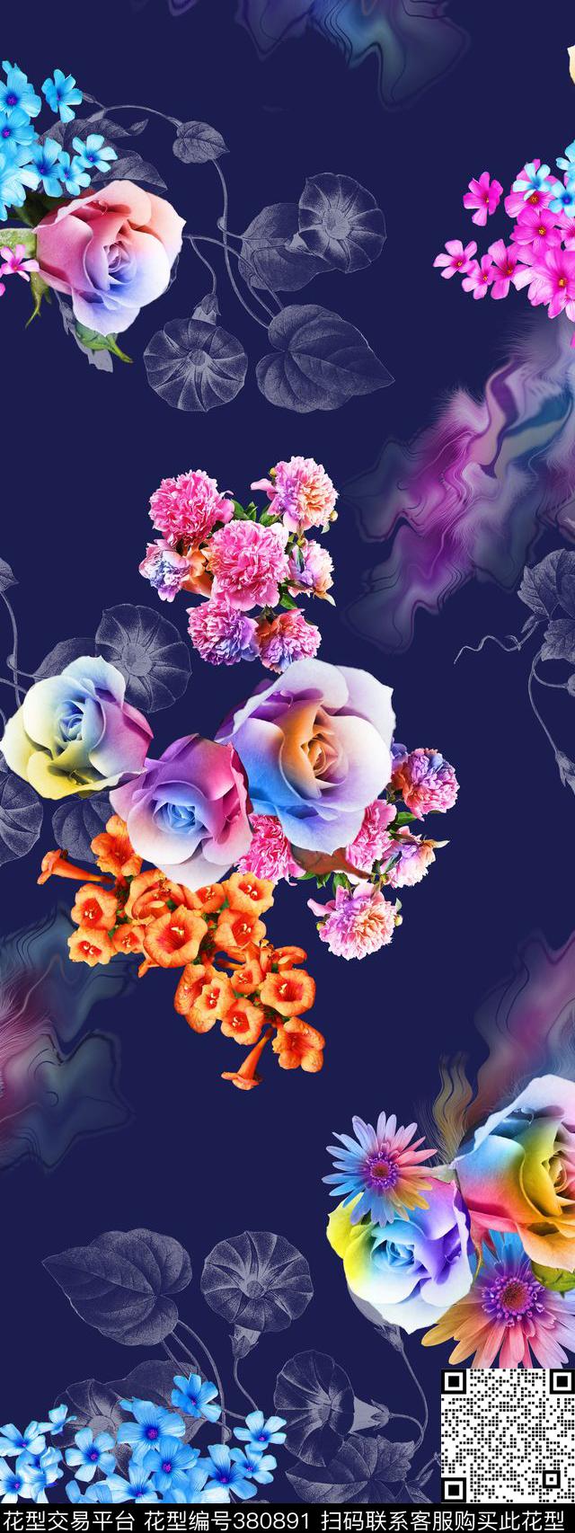花卉露底炫彩数码印花华亿平台下载（图片编号: 380891） - 瓦栏（Walan）