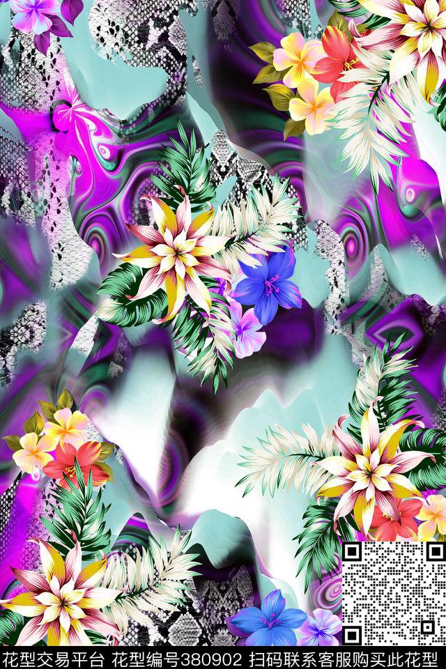 花卉蛇纹云纹数码印花华亿平台下载（图片编号: 380902） - 瓦栏（Walan）