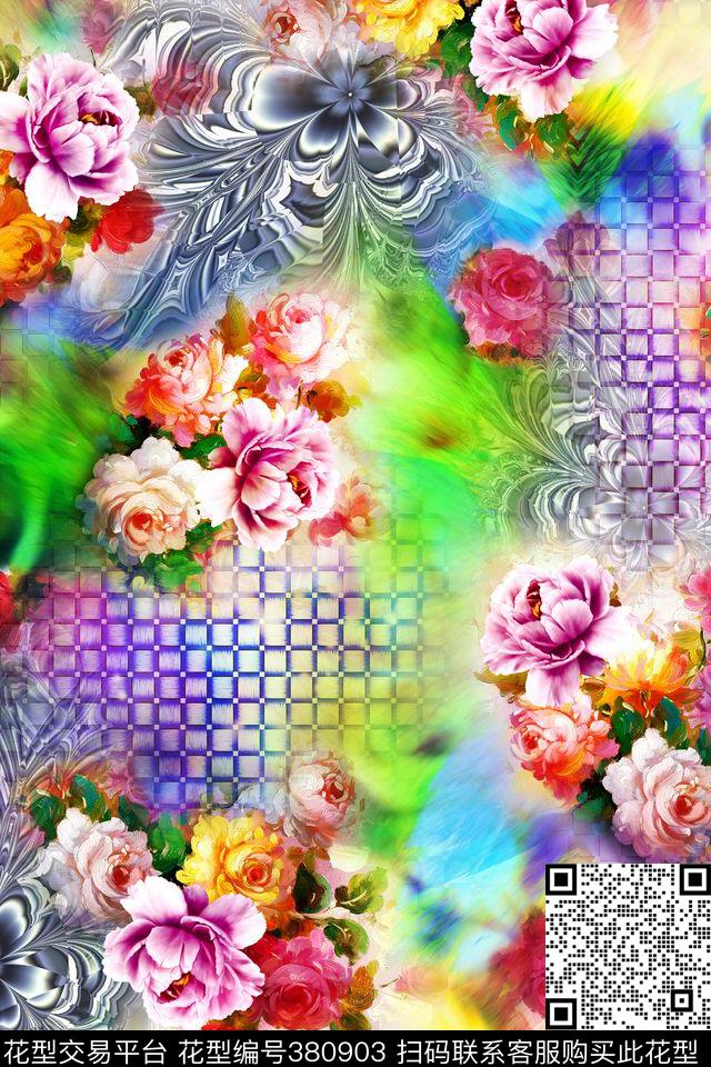 花卉格子抽象花卉数码印花华亿平台下载（图片编号: 380903） - 瓦栏（Walan）