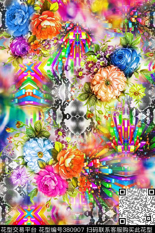 花卉几何蛇纹数码印花华亿平台下载（图片编号: 380907） - 瓦栏（Walan）