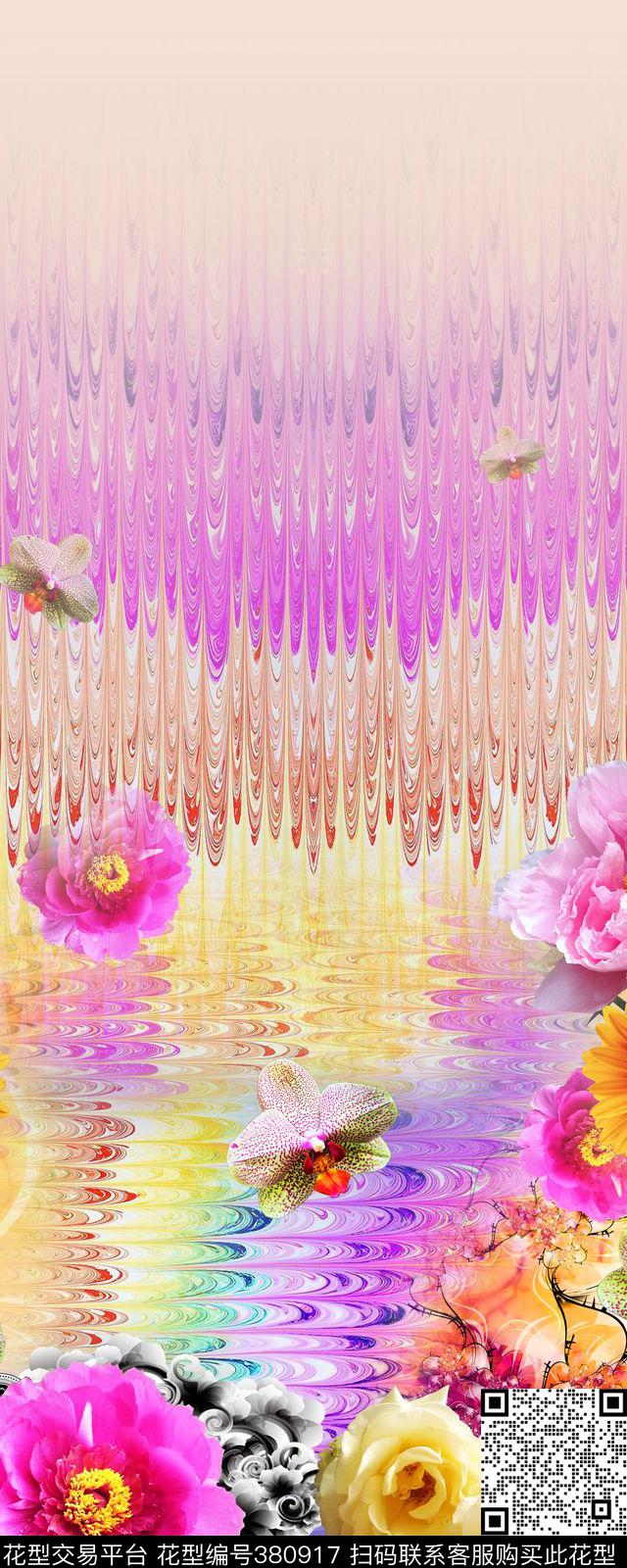 花卉抽象定位数码印花华亿平台下载（图片编号: 380917） - 瓦栏（Walan）