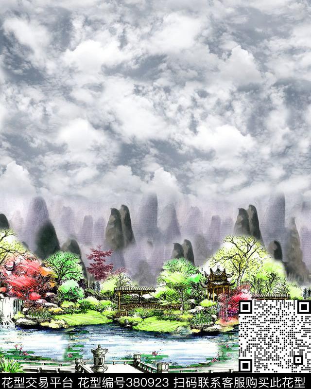 水墨风景水彩数码印花华亿平台下载（图片编号: 380923） - 瓦栏（Walan）