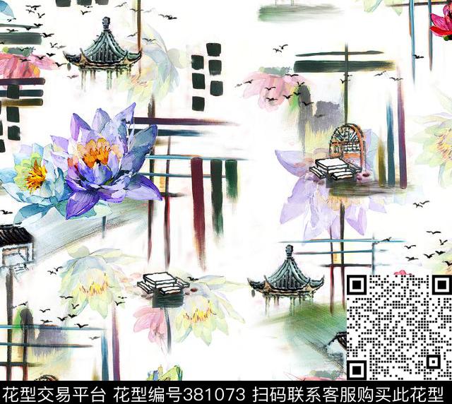 抽象笔触古典荷花数码印花华亿平台下载（图片编号: 381073） - 瓦栏（Walan）